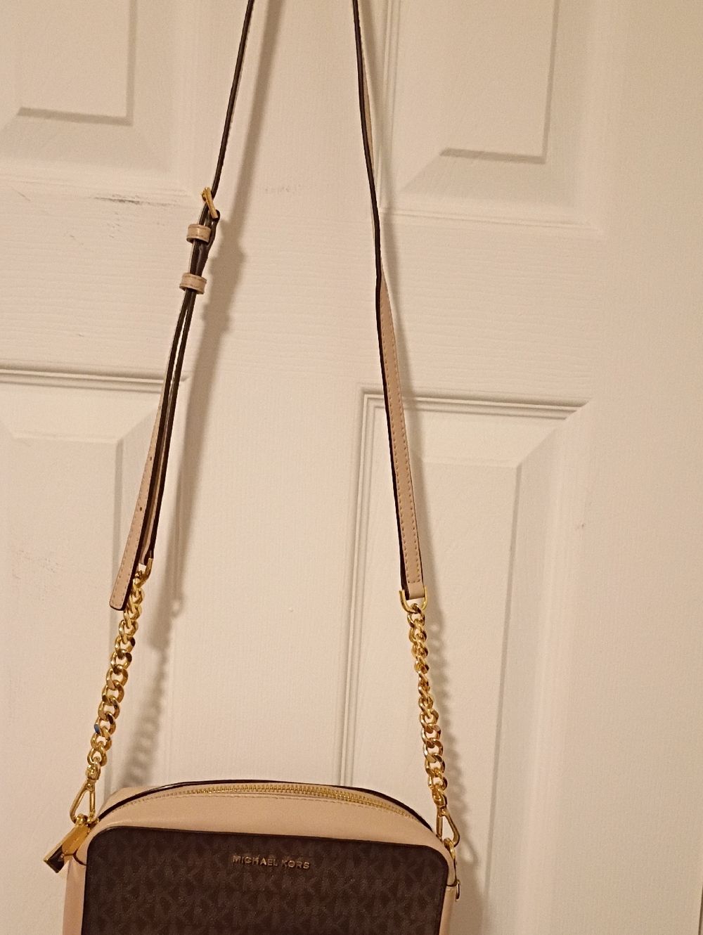 Michael Kors Brown Monogram and Beige Crossbody with Gold Chain Strap